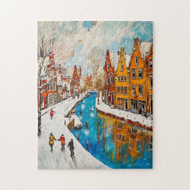 Puzzle Winter Canal with Snowy Streets and Colorful House (Vertical)