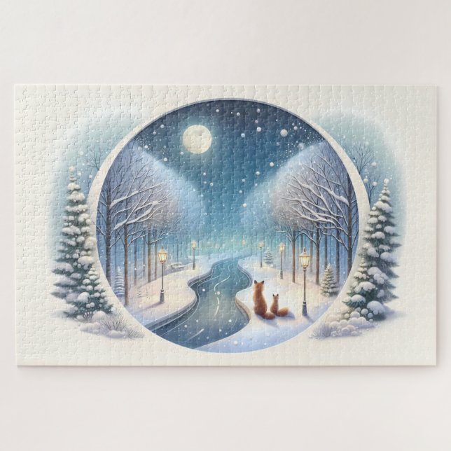 Puzzle Winter Foxes by Moonlit Snowy River (Horizontal)