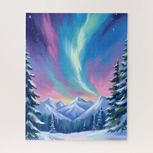 Puzzle Winter Night Northern Lights Watercolor Mountain (Vertical)