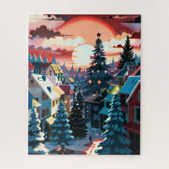 Puzzle Winter Sunset Village (Vertical)