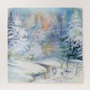 Puzzle Winter Wonderland: Paisaje acuarela