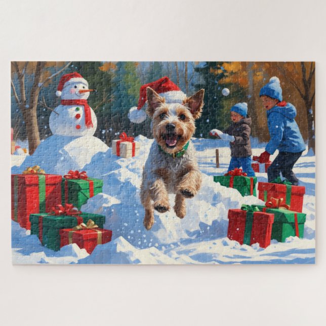 Puzzle Wire Fox Terrier corriendo en la nieve con sombrer (Horizontal)