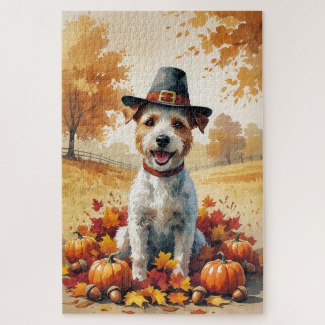 Puzzle Wire Fox Terrier en hojas de otoño Arte de Acción  (Vertical)