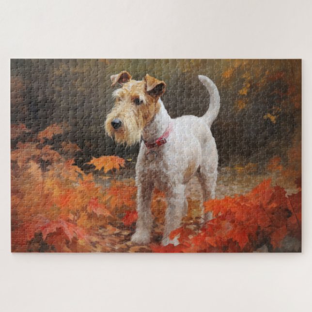 Puzzle Wirefox Terrier en otoño hojas caídas inspiran (Horizontal)