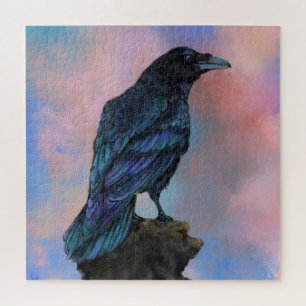 Puzzle with Big Black Common Raven At Sunset