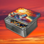 Puzzle Wolf Face con el sol y el bosque |<br><div class="desc">Sorprendente cara de lobo con el sol brillando en el fondo del bosque en un diseño colorido. Perfecto para casa,  oficina o presente. Puzle.</div>