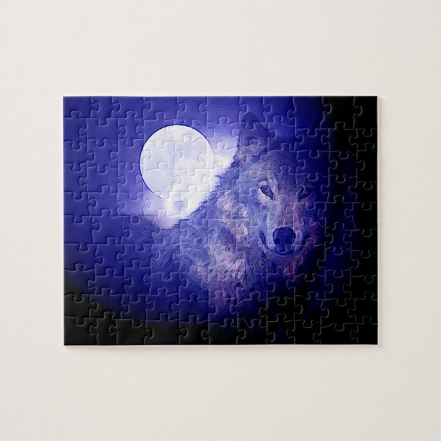 Puzzle Wolf Fullmoon & Blue Night - Arte de animales salv (Horizontal)