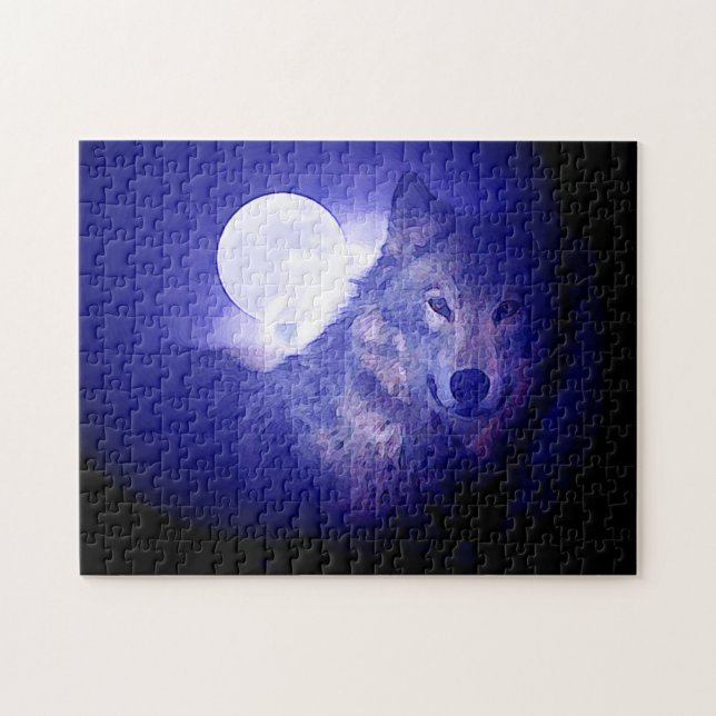 Puzzle Wolf Fullmoon & Blue Night - Arte de animales salv (Horizontal)