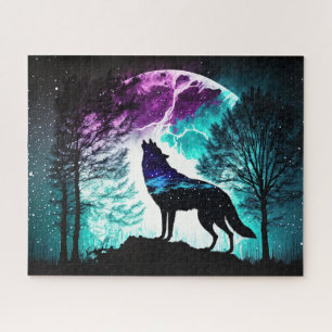 Puzzle Wolf Howling en Moon Galaxy Stars Animal