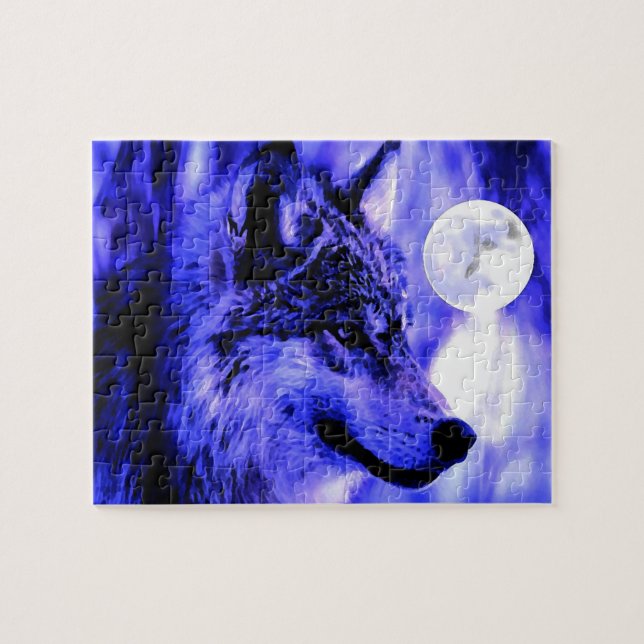 Puzzle Wolf Motivation Freedom Blue Night Fullmoon (Horizontal)