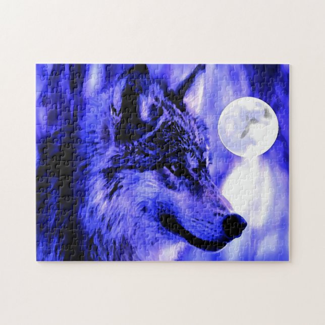 Puzzle Wolf Motivation Freedom Blue Night Fullmoon (Horizontal)