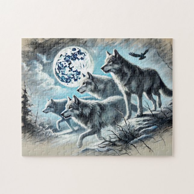 Puzzle Wolf Pack en la luna (Horizontal)