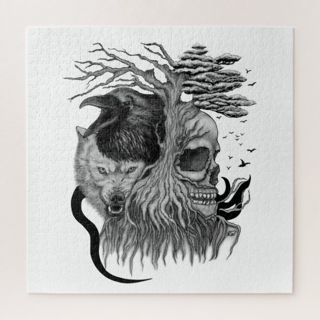 Puzzle Wolf y Raven con el cráneo (Vertical)