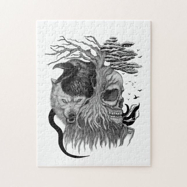 Puzzle Wolf y Raven con el cráneo (Vertical)