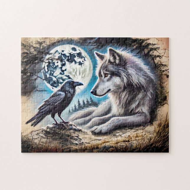 Puzzle Wolf y Raven en la roca a plena luna (Horizontal)