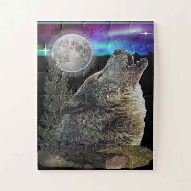 Puzzle Wolfes aullando en la luna (Vertical)