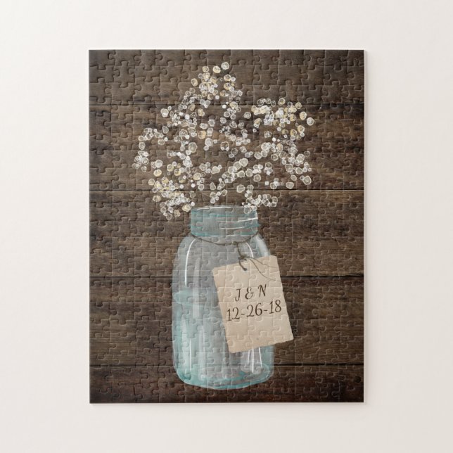 Puzzle Wood Mason Jar Babys Breath, un Boda rústico de gr (Vertical)
