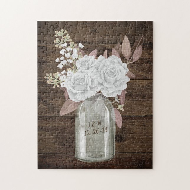 Puzzle Wood Mason Jar Babys Breath, un Boda rústico de gr (Vertical)