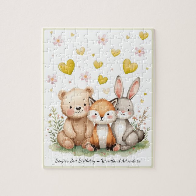 Puzzle Woodland Animals Bear Fox Bunny Yellow Heart (Vertical)