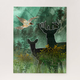 Puzzle Woodland Union Pair of Deer and Hawk