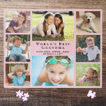 Puzzle World's Best Grandma 8 Photo Collage Pink<br><div class="desc">This pink eight photo jigsaw puzzle will be a fun gift for the world's best grandma. Personalize with 8 pictures of grandchildren, children, other family members, pets, etc., customize the expression "World's Best Grandma" and whether she is called "Grandma, " "Nana, " "Granny, " etc., and add her grandchildren's names....</div>