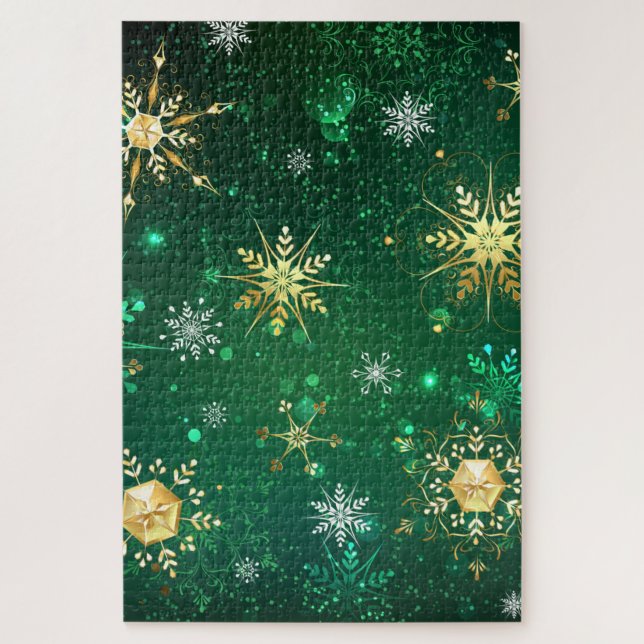 Puzzle Xmas copos de nieve dorados sobre fondo verde (Vertical)