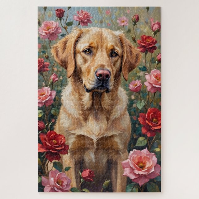 Puzzle Yellow Labrador Dog Valentine's Day Rose Field (Vertical)
