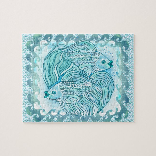 Puzzle Yin Yang Blue Koi Fish (Horizontal)