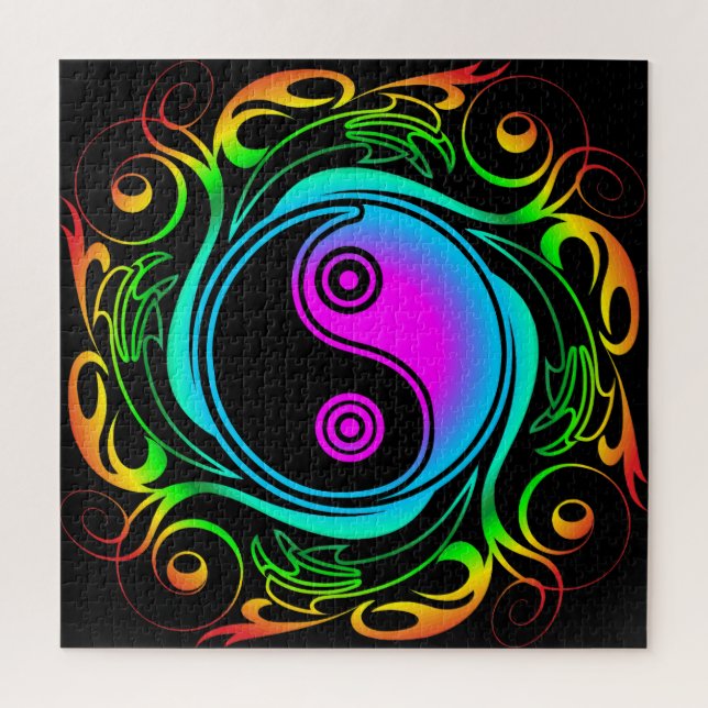 Puzzle Yin Yang Psychedeld Rainbow Tattoo (Vertical)