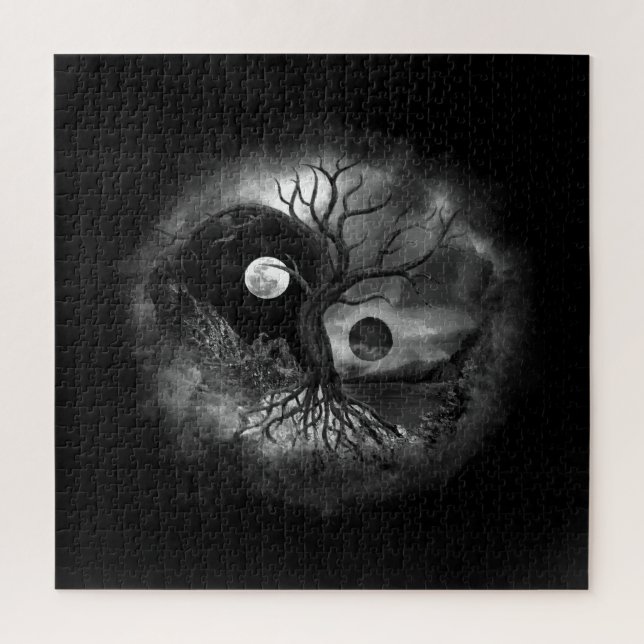 Puzzle Yin Yang Tree Landscape Black and White (Vertical)