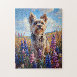 Puzzle Yorkie Terrier Purple Lupine Flowers
