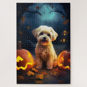 Puzzle Yorkipoo de Halloween con calabazas temerosas