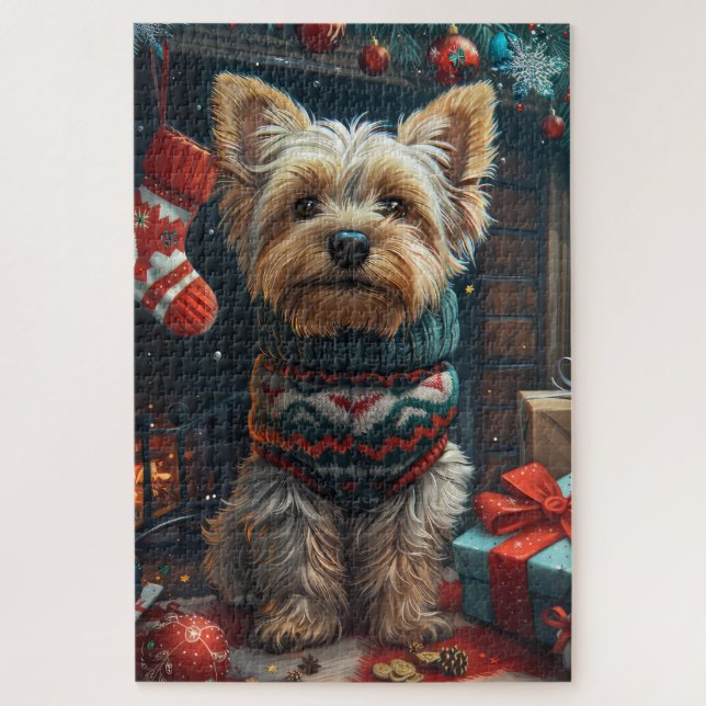 Puzzle Yorkshire Terrier con regalos de Navidad chimenea (Vertical)