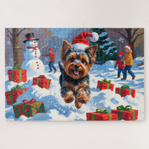 Puzzle Yorkshire Terrier en la nieve con sombrero de Navi