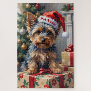Puzzle Yorkshire Terrier en regalos con sombrero de Santa