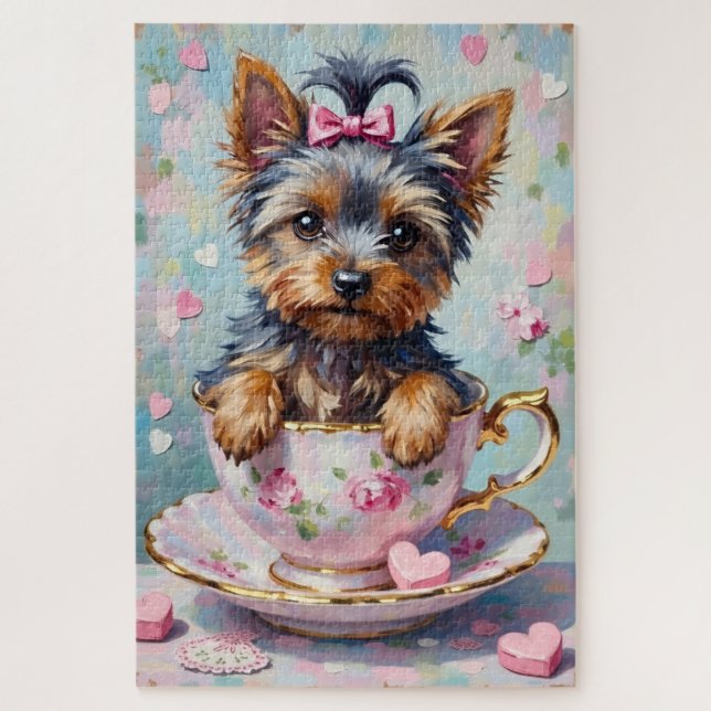Puzzle Yorkshire Terrier en un tazón de té del Día de San (Vertical)