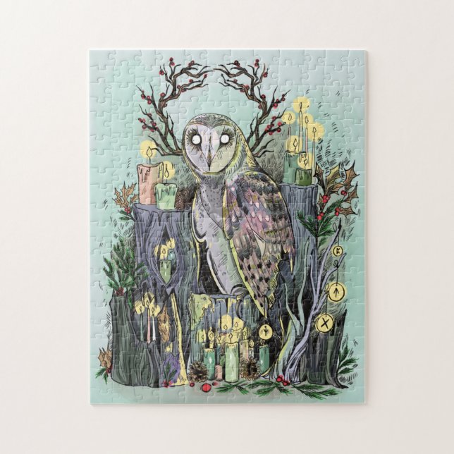 Puzzle Yule Winter Solstice Barn Owl con carreras (Vertical)