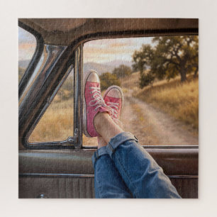 Puzzle Zapatillas rosas en la ventana de un coche retro