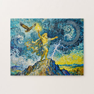 Puzzle Zeus en rocas tormentosas con rayo y águila