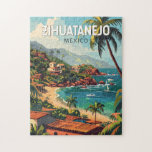 Puzzle Zihuatanejo México Viaje al arte<br><div class="desc">Diseño de viaje por vector retro de Zihuatanejo. Es conocido por sus playas,  como la extensa Playa La Ropa,  que está protegida por palmeras.</div>