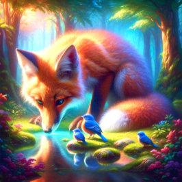 Puzzle Zorro con petirrojos americanos en el bosque