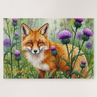 Puzzle Zorro entre flores de cardo púrpura Acuarela