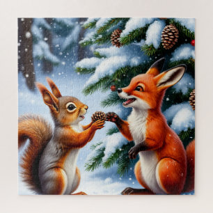 Puzzle Zorro Lindo Y Ardilla Navidad Nevada Bosque De Mad