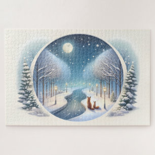 Puzzle Zorros de invierno junto al río nevado iluminado p