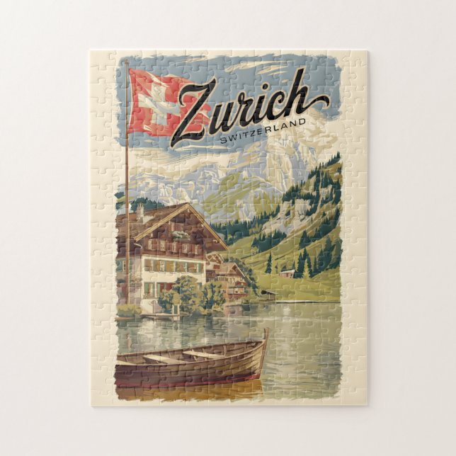 Puzzle Zurich Suiza Painterly Viaja arte Vintage (Vertical)