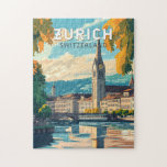 Puzzle Zurich Suiza Viaje al arte Vintage<br><div class="desc">Diseño de viaje vectorial retro de Zurich. Las pintorescas callejuelas del centro de Altstadt (casco antiguo),  a ambos lados del río Limmat,  reflejan su historia pre-medieval.</div>