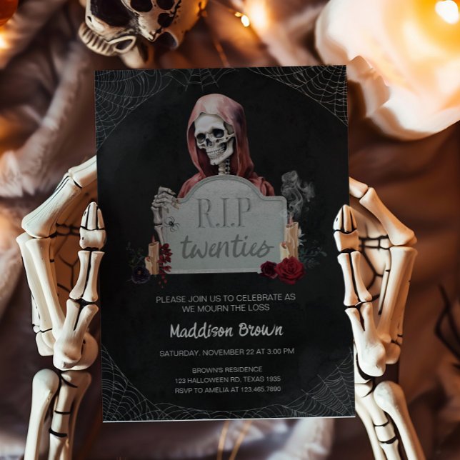 Q.E.P.D. Invitación de cumpleaños a Halloween (RIP Twenties Skull Halloween Birthday Invitation)