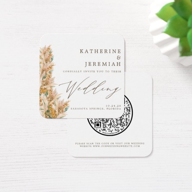 QR Code Elegant Pampas Grass Wedding Invitation (Escritorio)