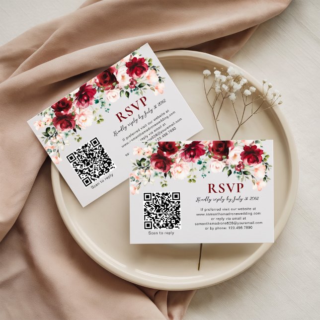 QR Code RSVP Card Burgundy Blush Floral Wedding (Subido por el creador)
