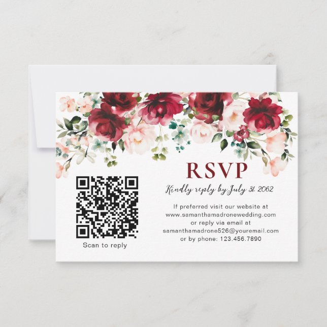 QR Code RSVP Card Burgundy Blush Floral Wedding (Anverso)